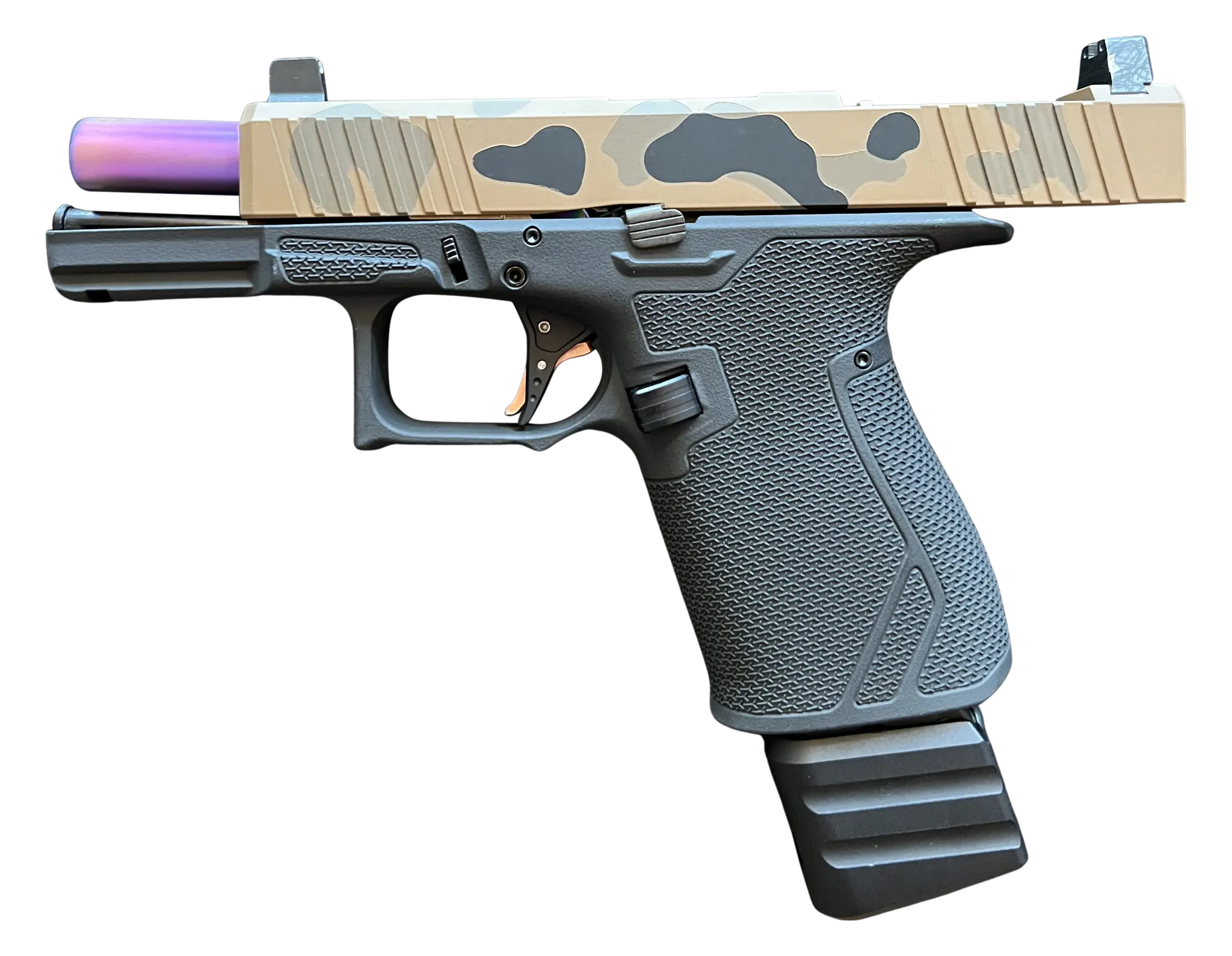 19x9mm Pistol Black Ape Camo Custom Handgun Pointed Left Side Made by Precise Arms Which is available All Over The USA