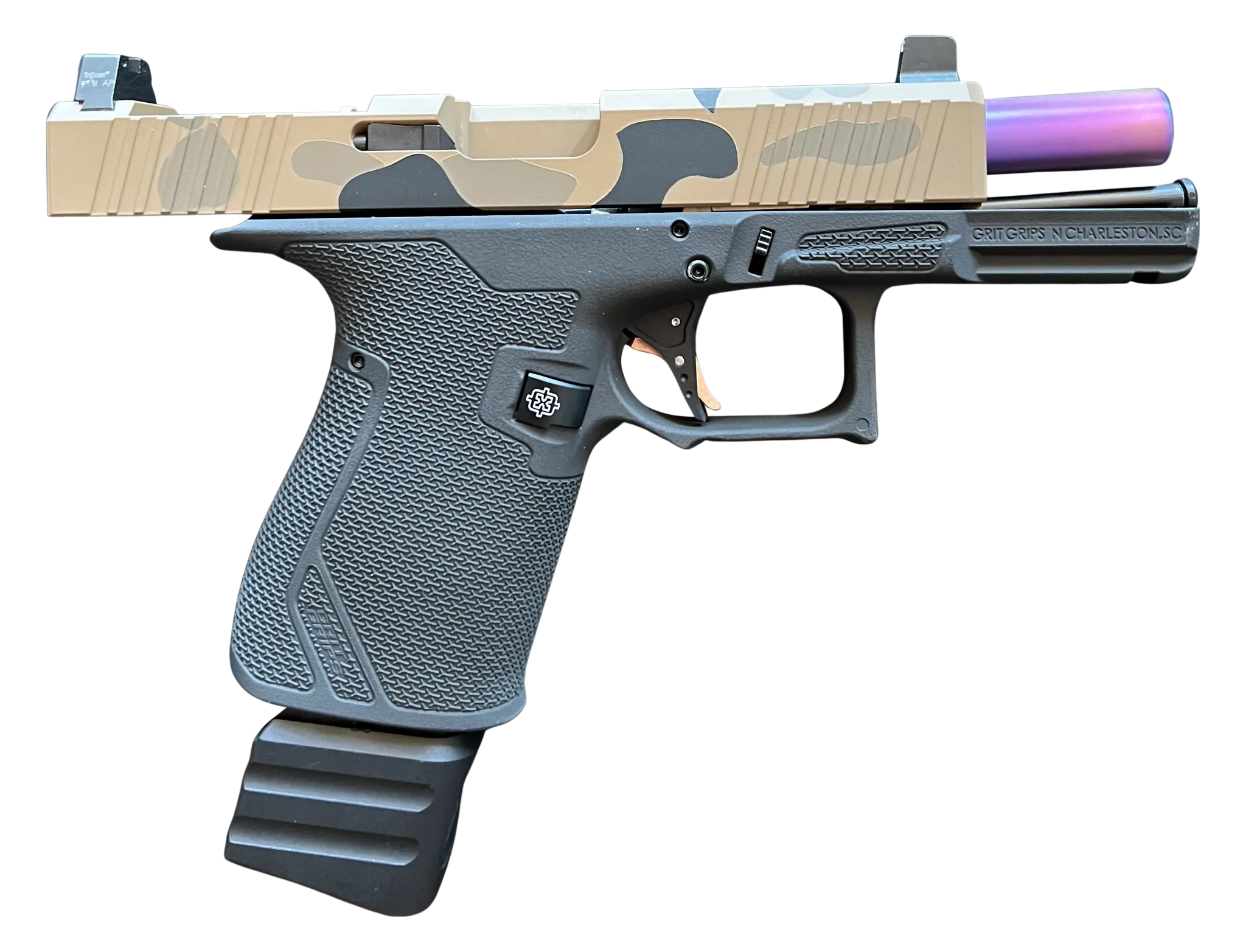 19x9mm Pistol Black Ape Camo Custom Handgun Pointed Right Side Made by Precise Arms Which is available All Over The USA