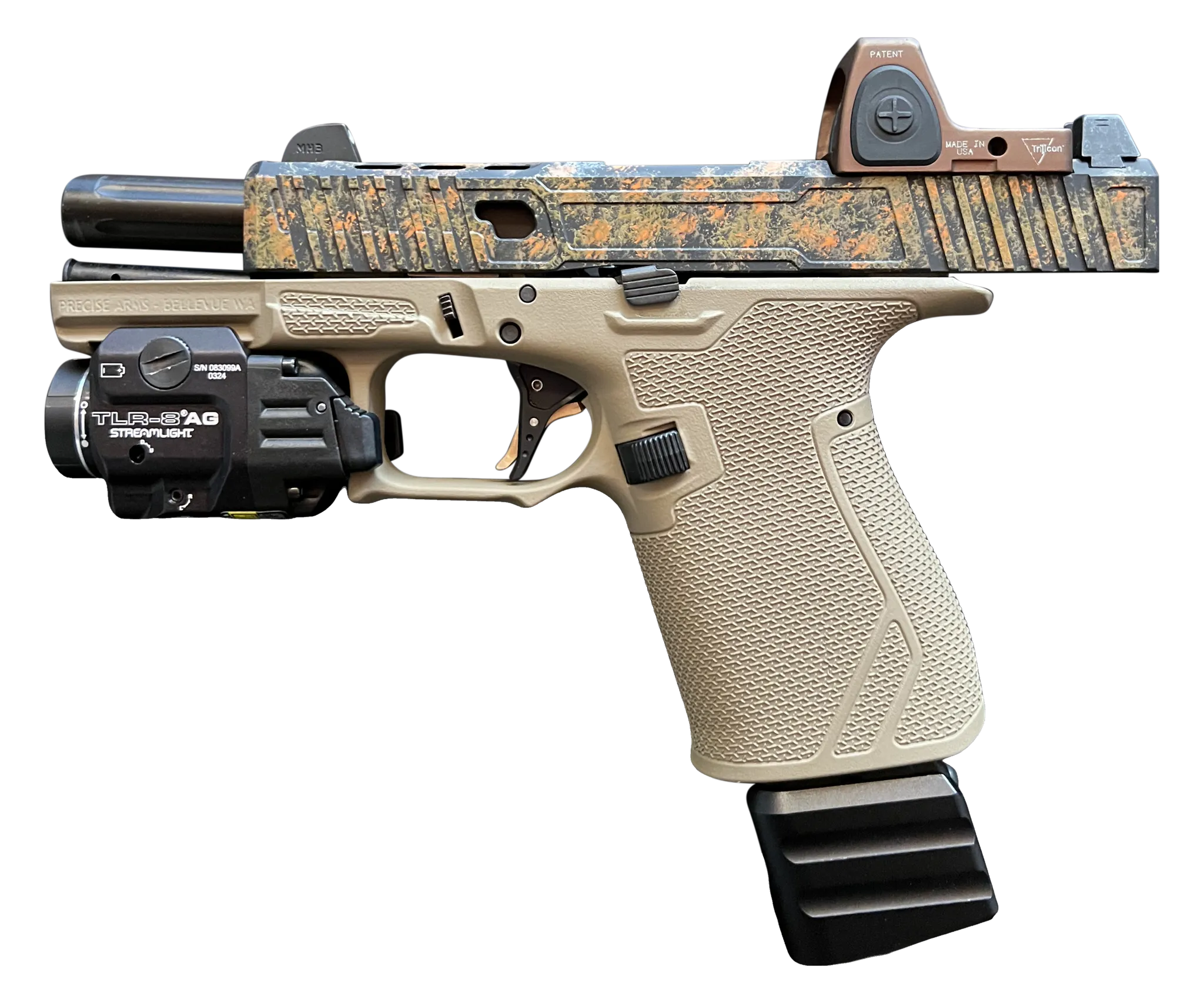 Best 9mm Pistol in the USA – Precise Arms PA19X Splatter Camo Pointed Left Side, Available all over the USA