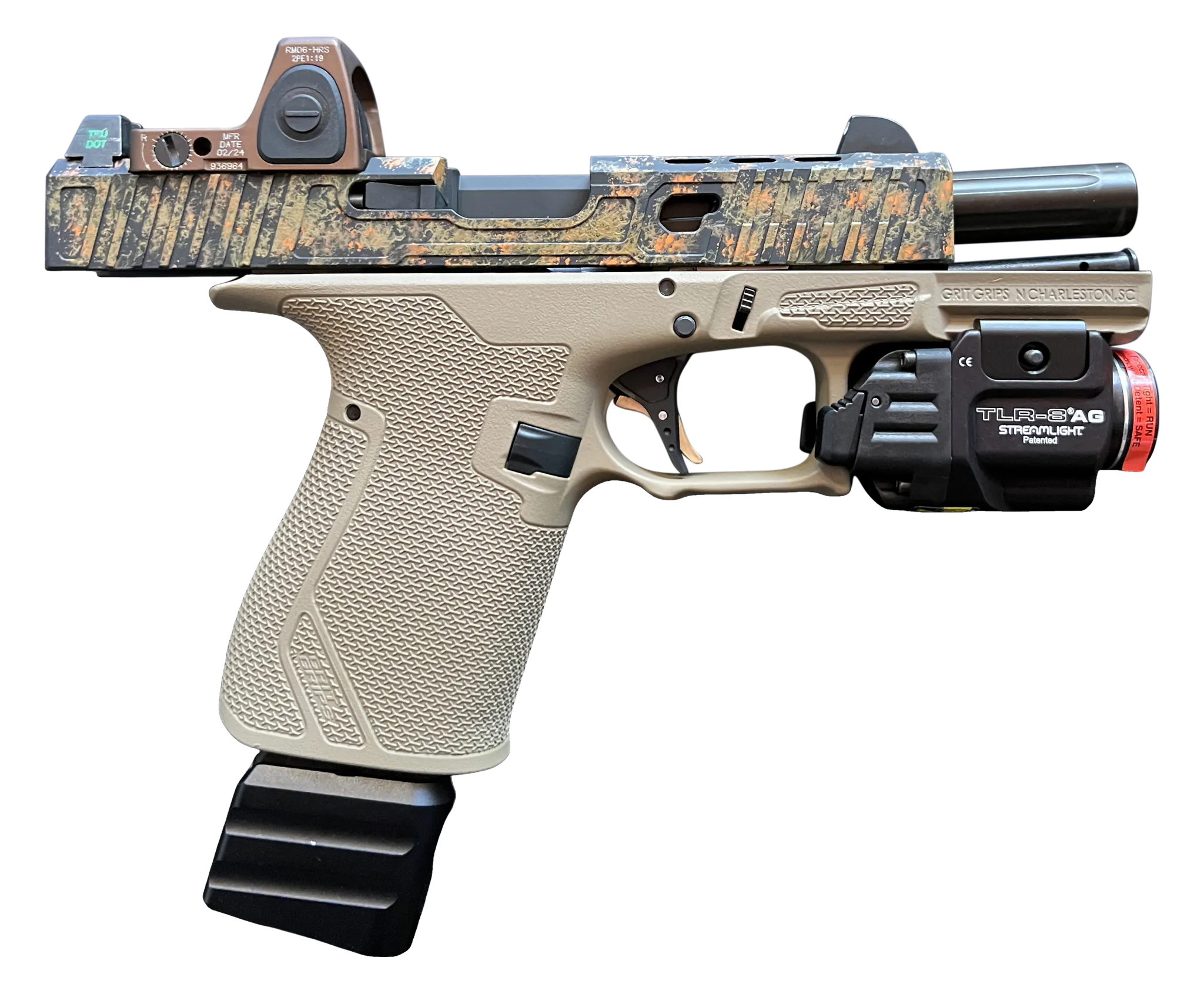 Best 9mm Pistol in the USA – Precise Arms PA19X Splatter Camo Pointed right Side, Available all over the USA