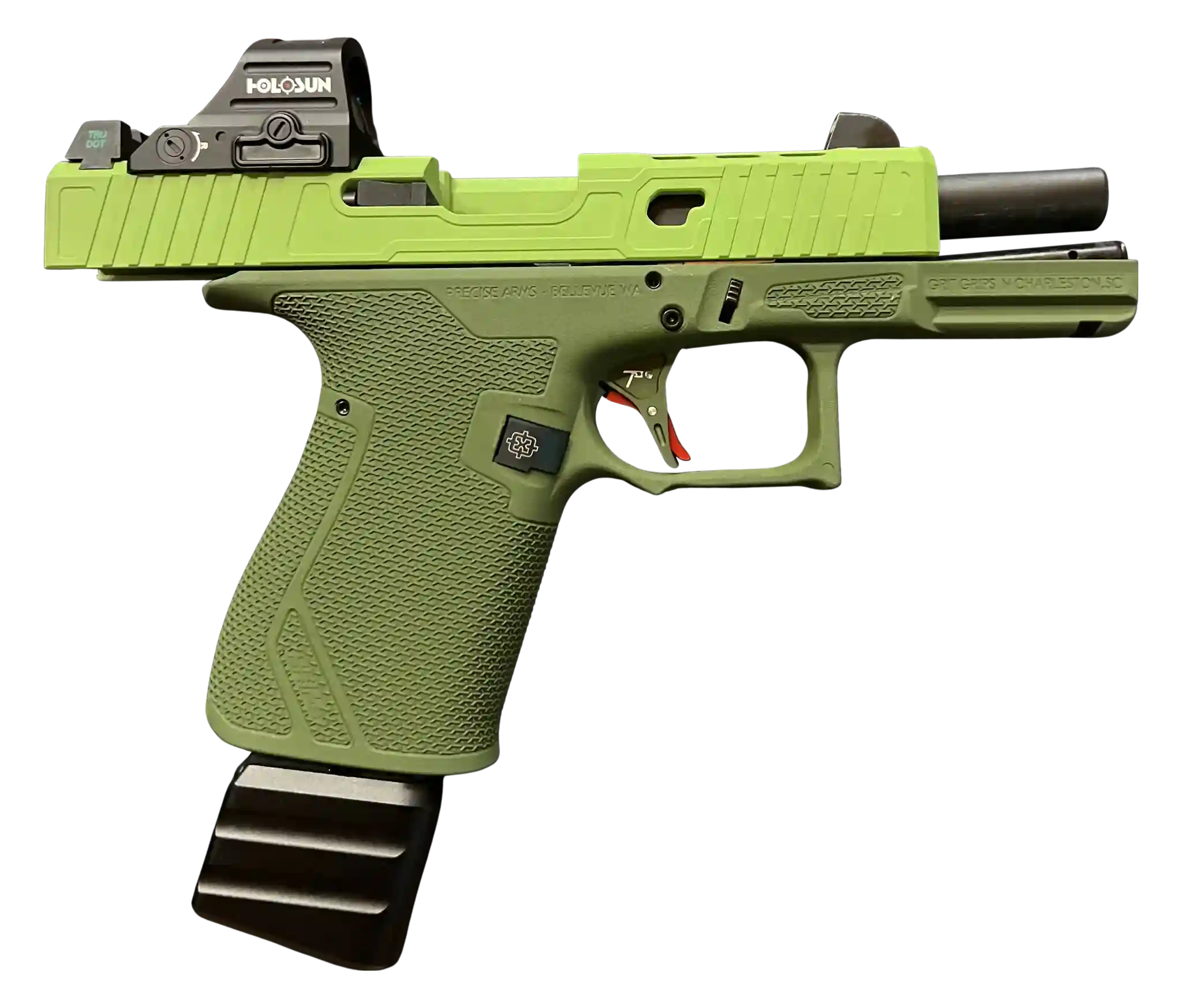 Buy the best 9 mm pistol Zombie Killer custom built by PreciseArms pointed right side